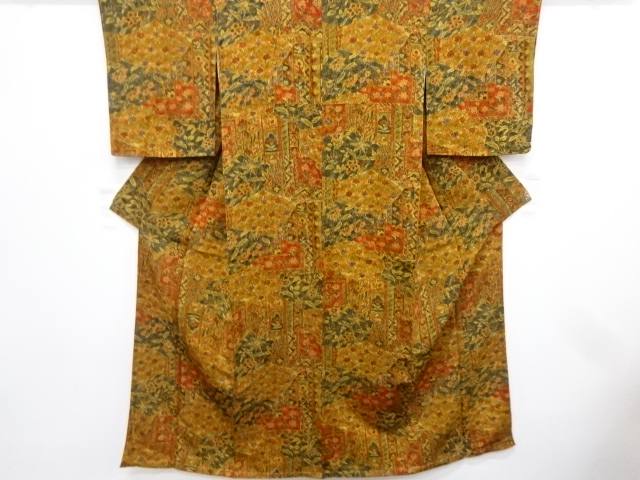 未使用品　縮緬地　切りばめ風　花更紗模様　小紋着物